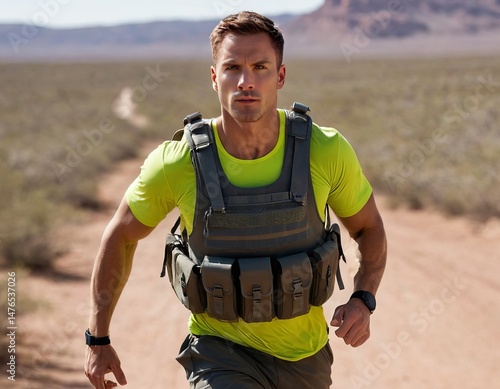 Athletic Caucasian male running with a weighted vest in a rugged outdoor setting, determined expression.