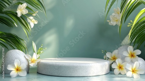 3D Pedestal with Frangipani Decoration. Zen Background  Product Concept.