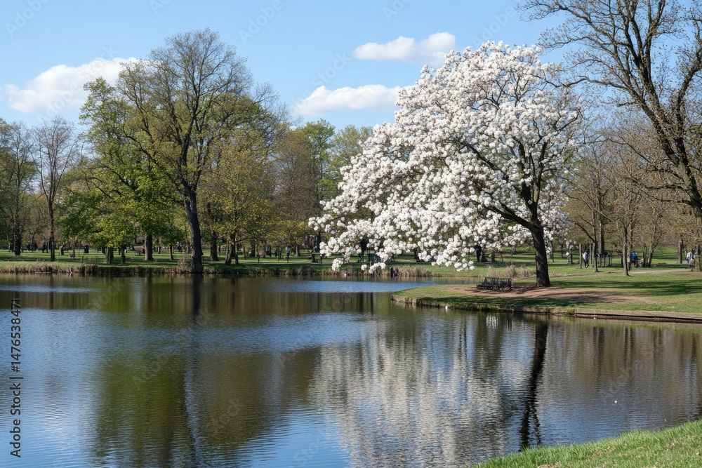 Spring park scene with blooming magnolia tree reflected in calm water Spring park scene with blooming magnolia tree reflected in calm water
