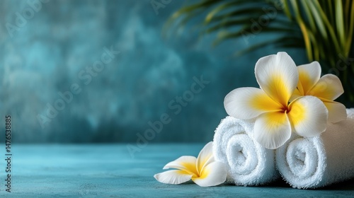 Still life of zen inspired luxury spa background. tranquil spa concept background. Frangipani Spa towel background.