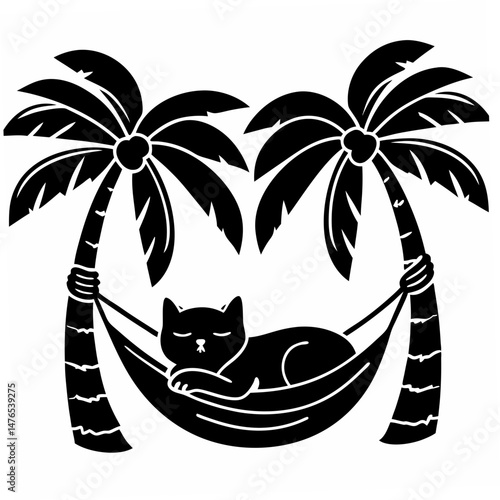 cat napping in a hammock between palm trees