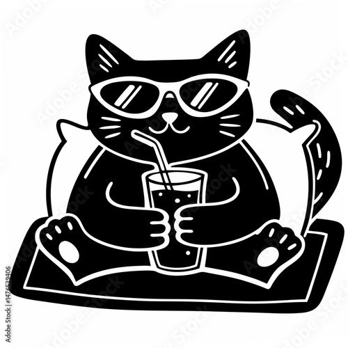 cat wearing sunglasses and sipping a drink
