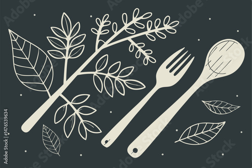 91 botanical cutlery, wooden utensils, kitchen still life, natural elements, simple composition, dark background, minimal design