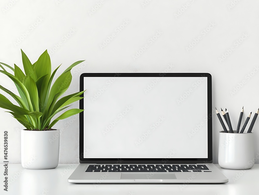 Fototapeta premium Minimalist Workspace: A modern laptop rests on a clean desk beside a vibrant plant and a sleek pencil holder, creating a fresh and functional workspace.