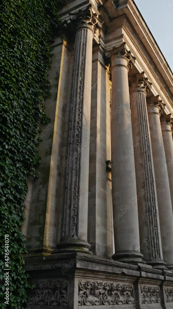 Historic architecture with sunlit columns and green ivy in golden hour Historic architecture with sunlit columns and green ivy in golden hour