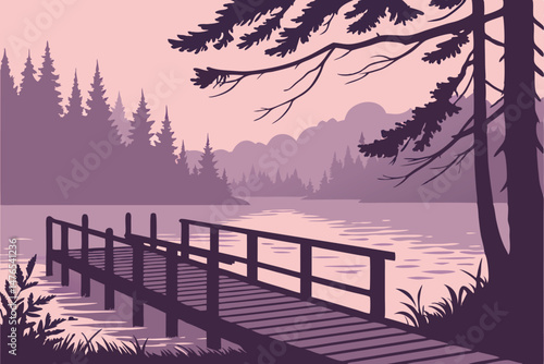 92 moody, atmospheric, wooden dock on a misty lake, dramatic lighting, coniferous forest, vibrant colors, detailed scenery, cinematic quality