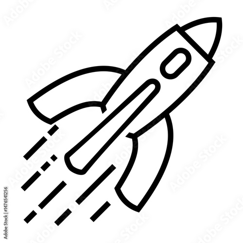 Clean black and white vector illustration of a rocket ship with a diagonal window, emitting flame-like propulsion lines, representing modern space exploration.