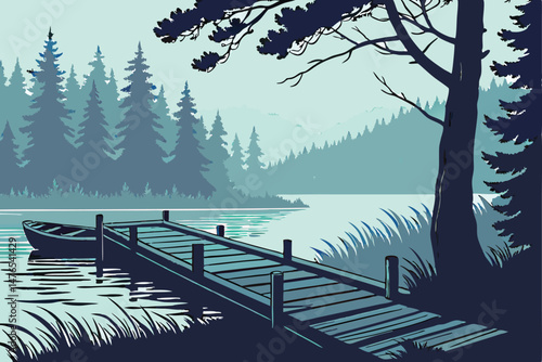92 moody, atmospheric, wooden dock on a misty lake, dramatic lighting, coniferous forest, vibrant colors, detailed scenery, cinematic quality