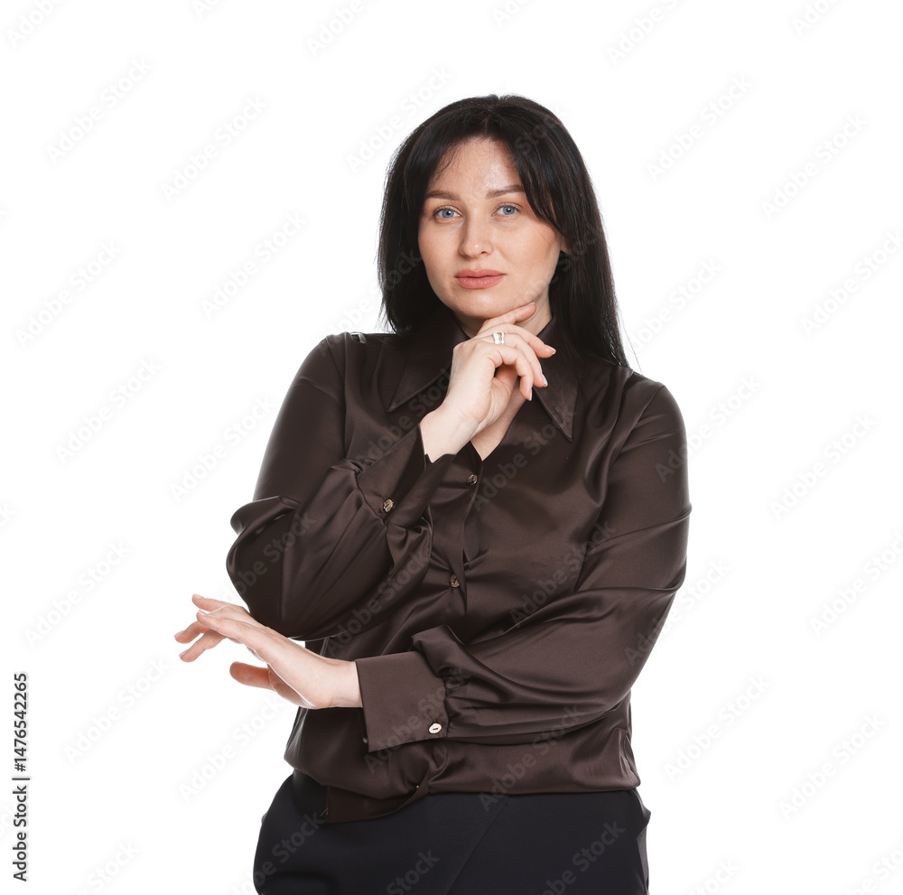 Portrait of charming plus size model on white background. Overweight Portrait of charming plus size model on white background. Overweight