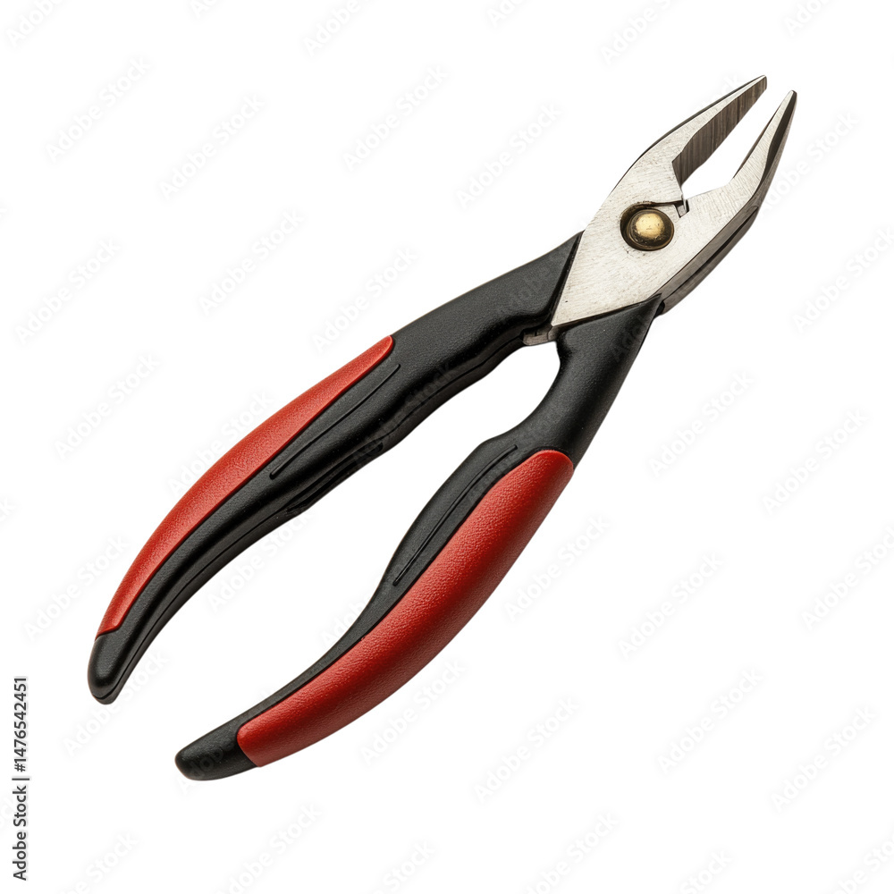 Obraz premium Pliers with red rubber grips and steel jaws, cutout isolated on transparent bg, png