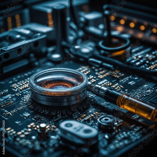Close-up of a computer circuit board with electronic components, microchips, and processor for digital technology and hardware