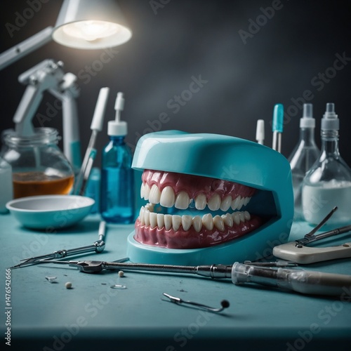 Blue dental tools and medical equipment in a white hospital laboratory