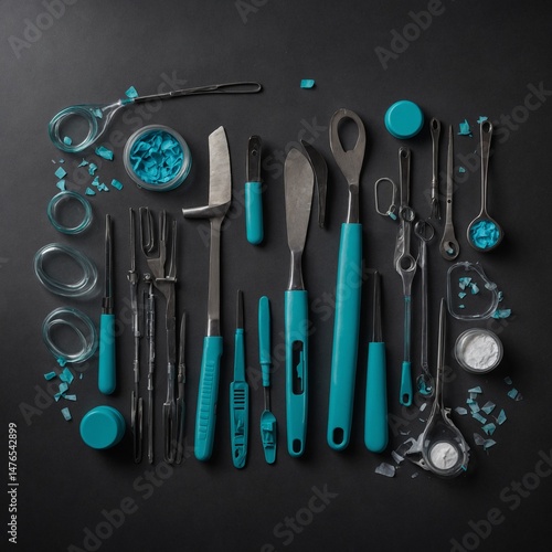 Red plastic handle steel metal work repair tool kit on white background