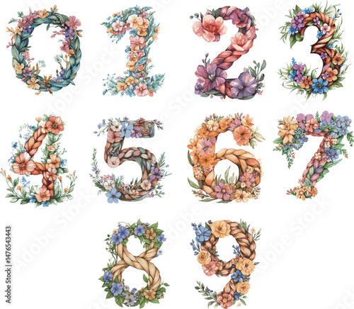 A set of numbers from 0 to 9, the numbers are woven from straw in a pigtail and braided with flowers