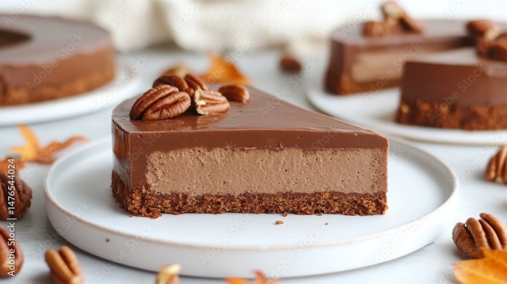 Autumn Delight Slice of Chocolate Cake with Pecan Nuts Topping on White Plate Festive Backdrop Autumn Delight Slice of Chocolate Cake with Pecan Nuts Topping on White Plate Festive Backdrop