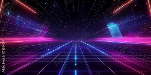 
Retro Sci-Fi Background Futuristic Grid landscape. Digital Cyber Surface. Suitable for design. 3D illustration. 3d technology abstract neon light background

