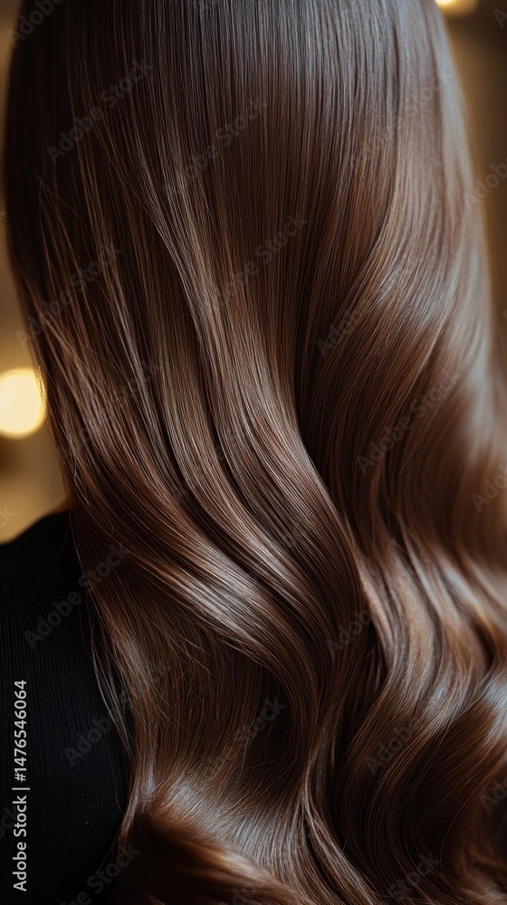 Fototapeta premium Beautiful model girl with Brown hair strand,silky healthy chestnut wavy hair strand,hair wavy ribbon, with smooth,Keratin straightening,Treatment,straight long hair,procedures,Smooth hairstyle.