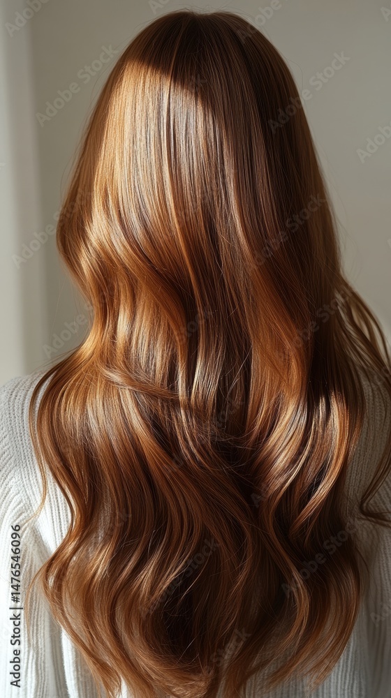 Fototapeta premium Beautiful model girl with Brown hair strand,silky healthy chestnut wavy hair strand,hair wavy ribbon, with smooth,Keratin straightening,Treatment,straight long hair,procedures,Smooth hairstyle.