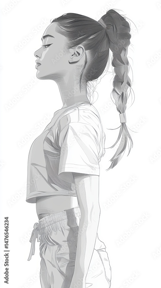 Grayscale sportswear sketch on female model side view,white studio backdrop,technical drawing style,space for text. Grayscale sportswear sketch on female model side view,white studio backdrop,technical drawing style,space for text.
