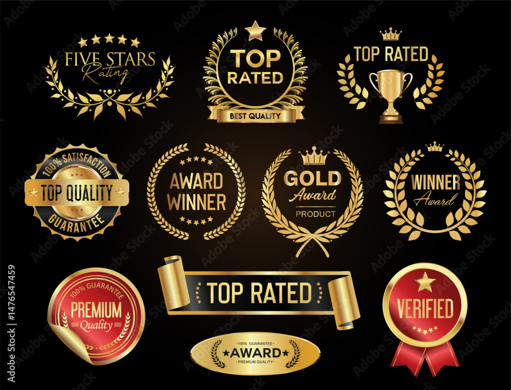 Fototapeta premium Top rated and award winner gold and red badge and emblem collection stock illustration 