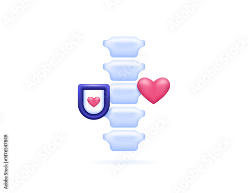 spine protection concept. bone protection from injury and damage. maintain bone health and heal. illustration of spine symbol with heart and shield. minimalist 3d style design. element