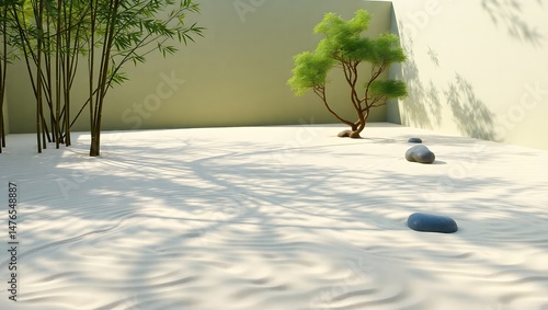 Minimalist Japanese Zen Garden with Raked Sand, Bamboo, Stones, and Bonsai Tree – Tranquil Outdoor Scene