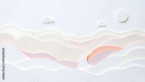 Minimal Pastel Paper Cut Landscape with Soft Layered Hills and Clouds