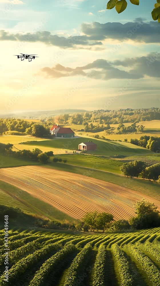 Naklejka premium Rural landscape with drone overhead