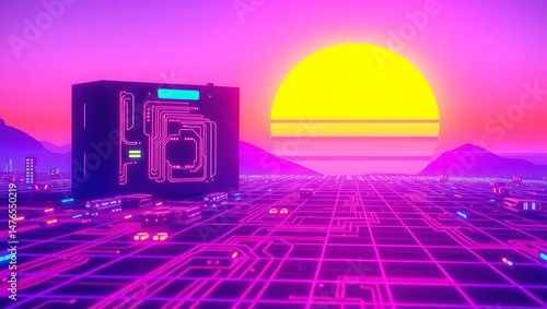 Neon Horizon in a Cyber Grid World – Retro 80s Synthwave Sci-Fi Scene