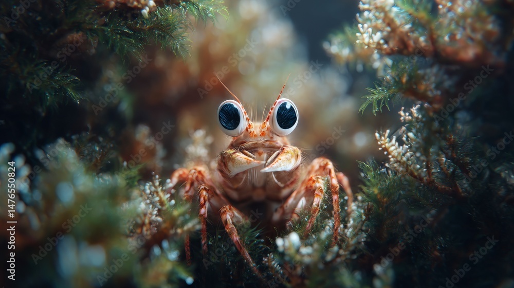 Alert shrimp observes from lush coral surroundings. Alert shrimp observes from lush coral surroundings.