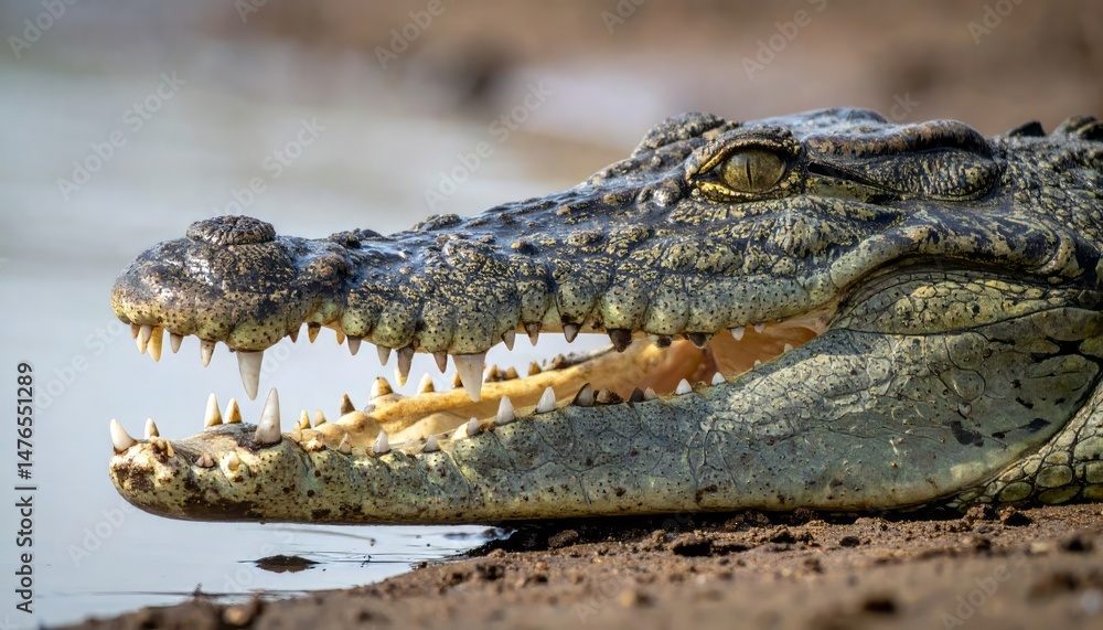 Fototapeta premium Close up of a formidable crocodile with its mouth open displaying sharp teeth near water