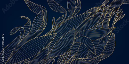Vector art deco line golden leaves, floral wallpaper, palm nature drawing. Vintage summer ornament, foliage print, fancy design.