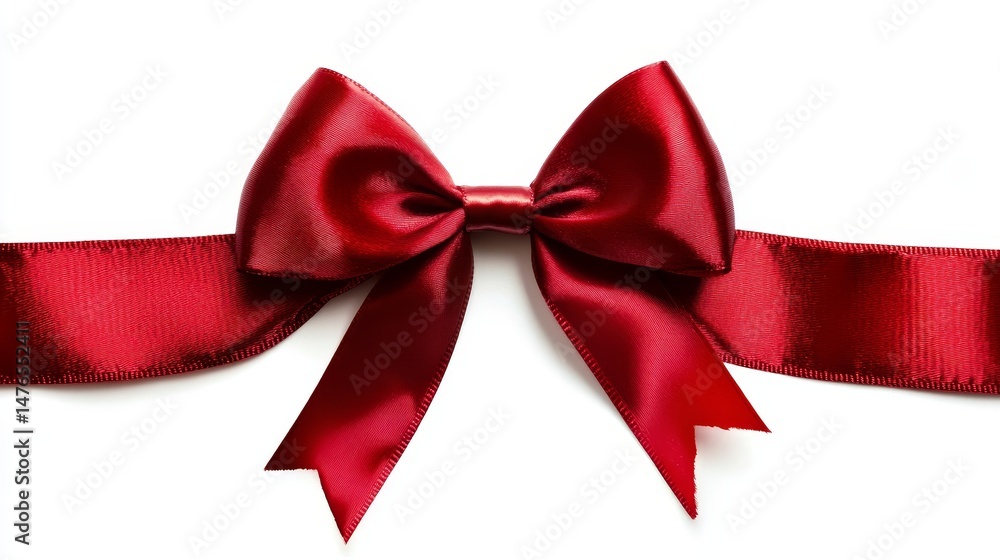 Fototapeta premium Red Satin Ribbon Bow Elegant Gift Wrap, Close-up Photography, Festive Design Gift, Ribbon