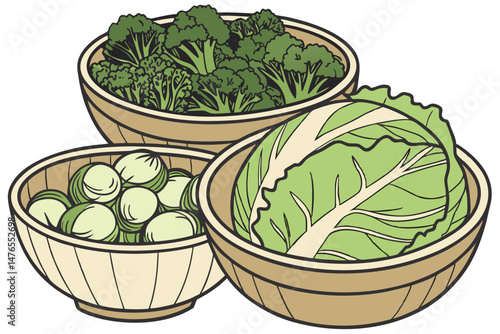 95 wooden bowls, various leafy green vegetables, broccoli, brussels sprouts, lettuce, cabbage, fresh produce, natural lighting, close-up, high-quality, detailed, photorealistic