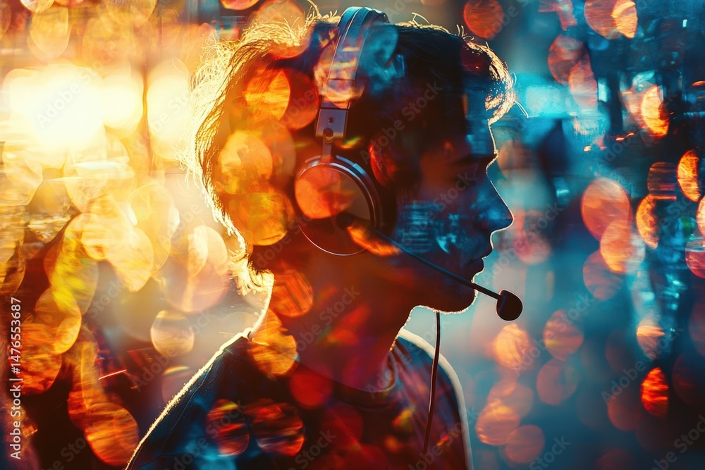Fototapeta premium Stylish portrait of a young man wearing headphones at night, ideal for gaming, technology, or music projects. Use for websites, social media, and advertising.