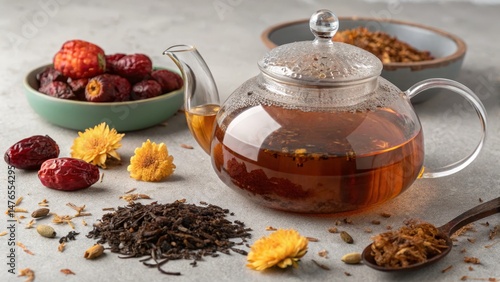 Glass Teapot of Herbal Tea with Dried Flowers and Fruits, Composition, Food Photography, Tea Brewing Herbal Tea, Tea Brewing