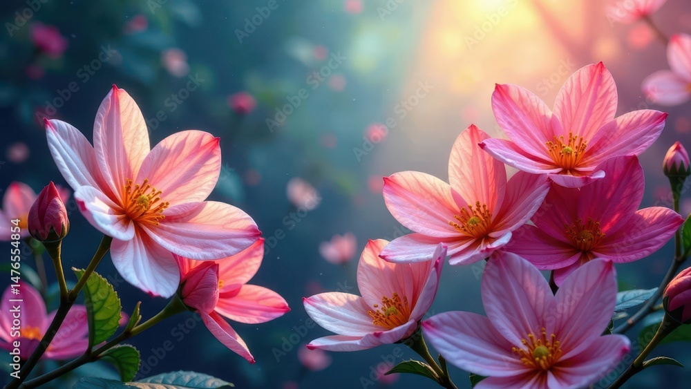Soft Pink Blossoms Illuminated by Golden Sunlight in a Serene Garden Setting Soft Pink Blossoms Illuminated by Golden Sunlight in a Serene Garden Setting