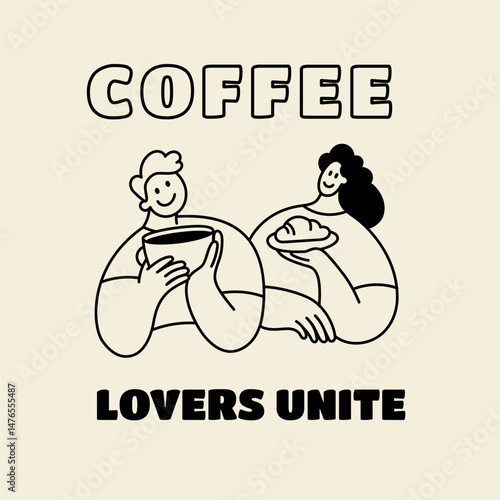 Vector logo design template and graphic element for advertising, branding, posters and banners, funny cartoon illustration with smiling character and mascot, coffee lover, specialty coffee spot emblem