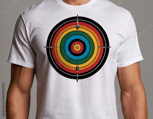 A male model showcases a vibrant target design on a classic white t-shirt, exuding a sporty vibe.