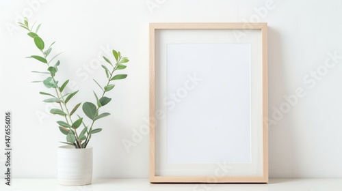 Wooden Frame Mockup with Green Plant and White Wall