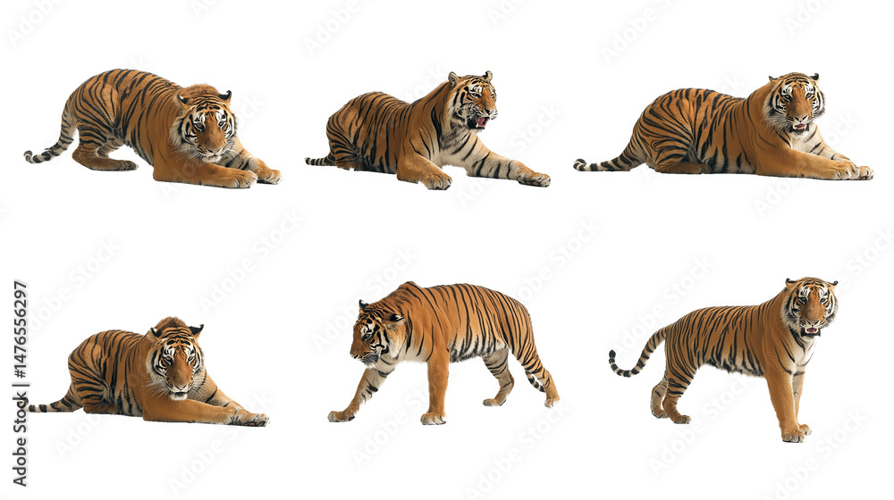 Naklejka premium A set of multiple full-body tiger images in different poses
