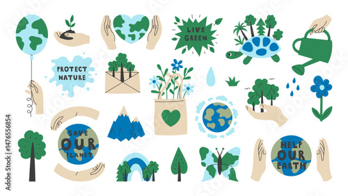 Nature Protection Elements Set. Ecology and Environmental conservation concept. Flat vector illustration. Motivational stickers