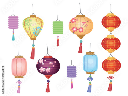 Colorful Asian Lanterns set. Asian lanterns of various styles and shapes