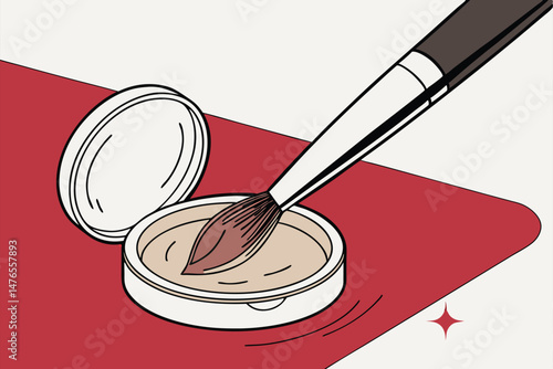97 high definition, photographic, professional makeup brush applying powder foundation on red background, sharp focus, high quality, 8k resolution