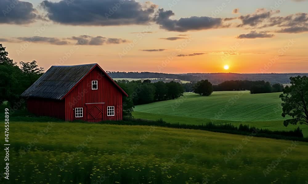 Red barn on a hill at sunset, surrounded by yellow wildflowers and green fields. Red barn on a hill at sunset, surrounded by yellow wildflowers and green fields.