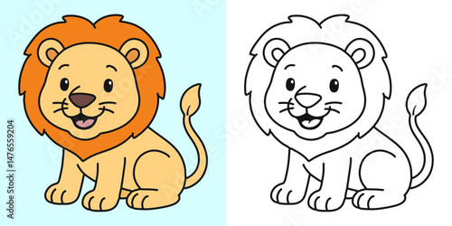 Cute lion cartoon character coloring page vector illustration