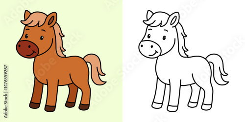 Cute horse cartoon character coloring page vector illustration