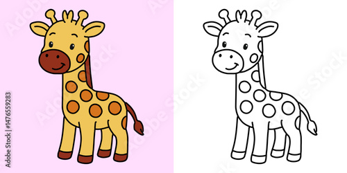 Cute giraffe cartoon character coloring page vector illustration