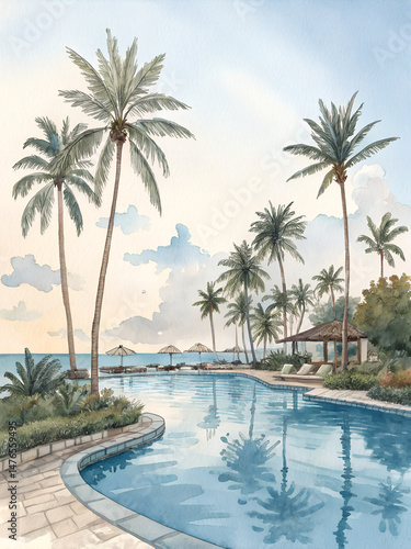 Watercolor Painting Captures Serene Tropical Landscape and Reflection