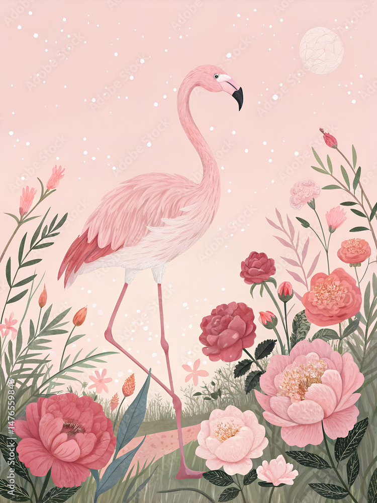 Fototapeta premium Flamingo Among Roses Under Moonlight Digital Pixel Art